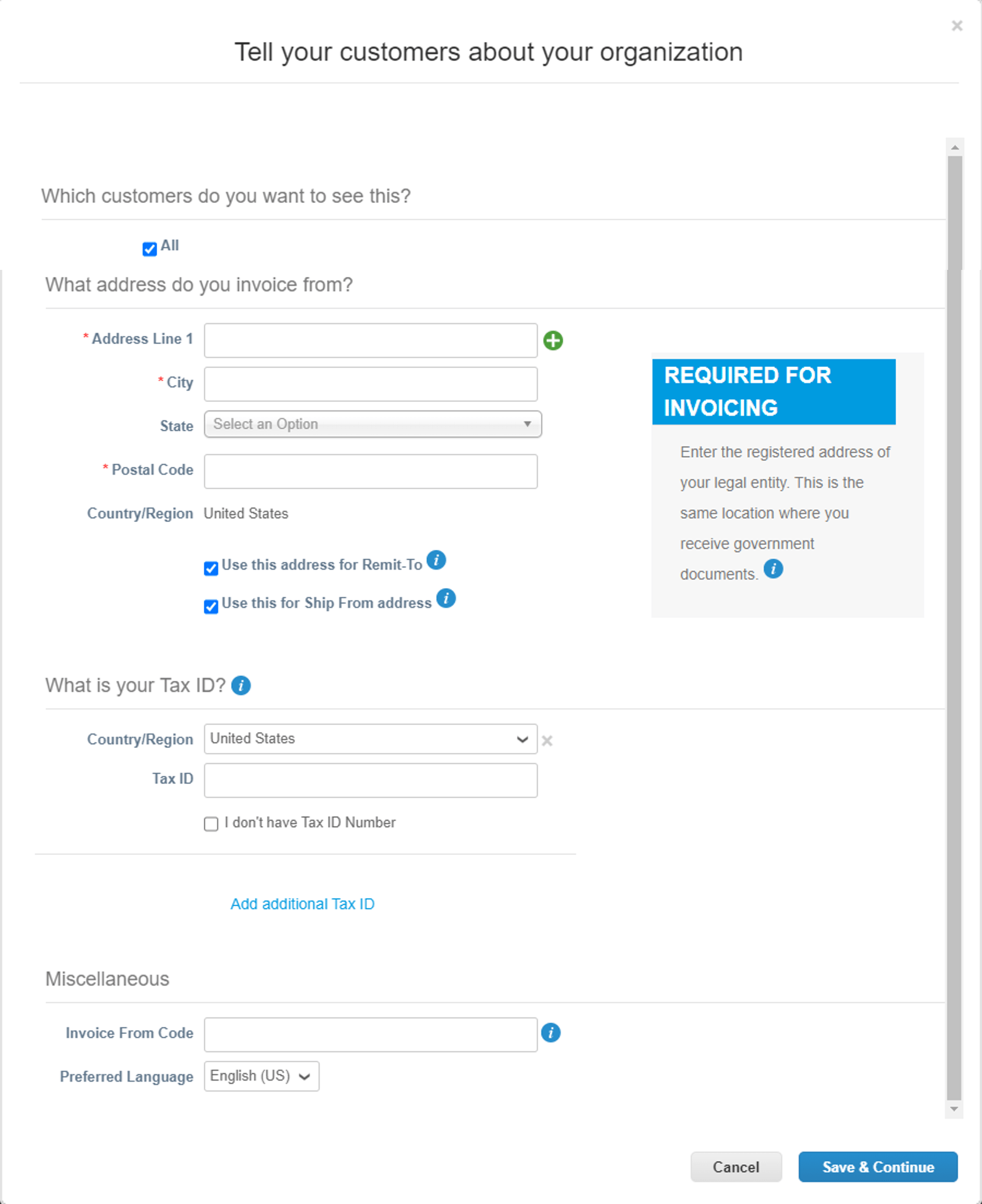 Screenshot of organization information form on the Coupa Supplier Portal.